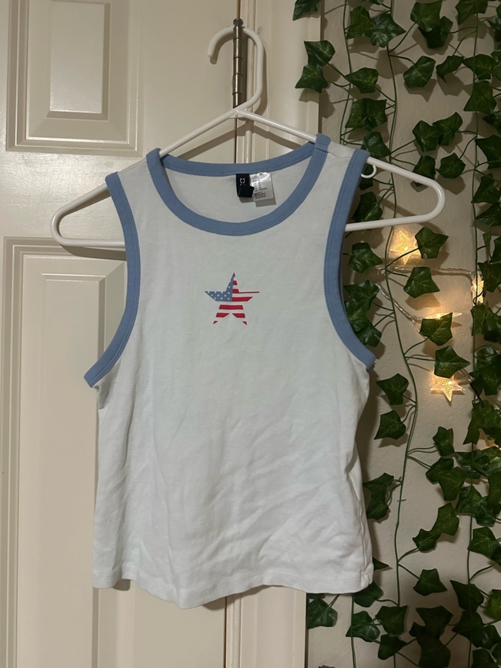 Divided White Crop Tank with Blue Trim and Star Graphic